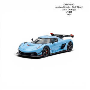 Lot57Supplies Diecast Shop GRYNING 1:64 scale Koenigsegg Jesko Attack in Gulf Blue and Lava Orange resin model car.