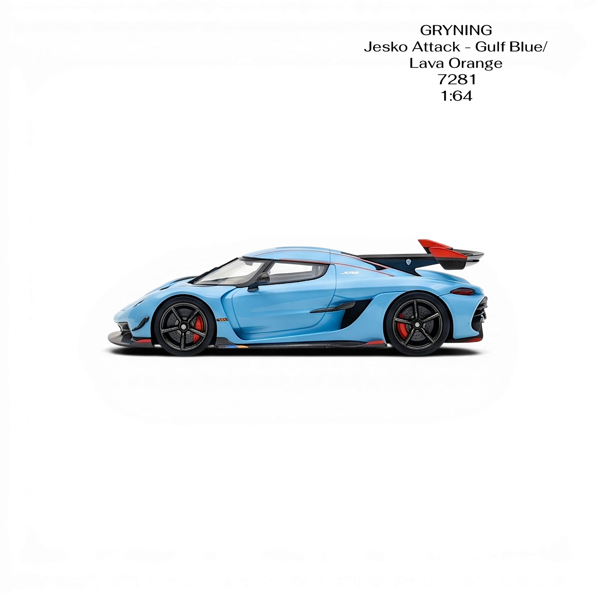Lot57Supplies Diecast Shop GRYNING Jesko Attack 1:64 scale model in Gulf Blue and Lava Orange resin with black wheels and red brake calipers.