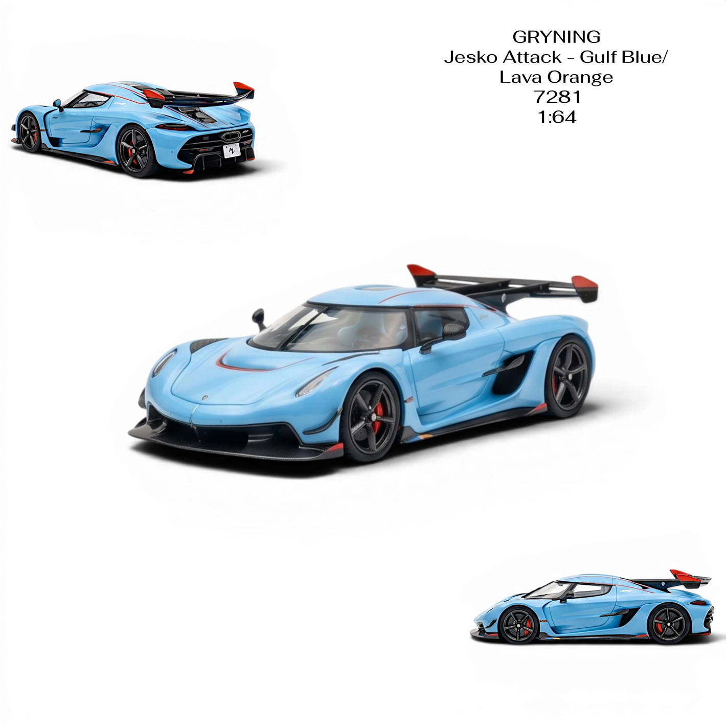 Lot57Supplies Diecast Shop GRYNING Jesko Attack 1:64 scale model in Gulf Blue and Lava Orange resin with black accents and red wingtips.