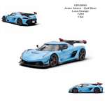 Lot57Supplies Diecast Shop GRYNING Jesko Attack 1:64 scale model in Gulf Blue and Lava Orange resin with black accents and red wingtips.