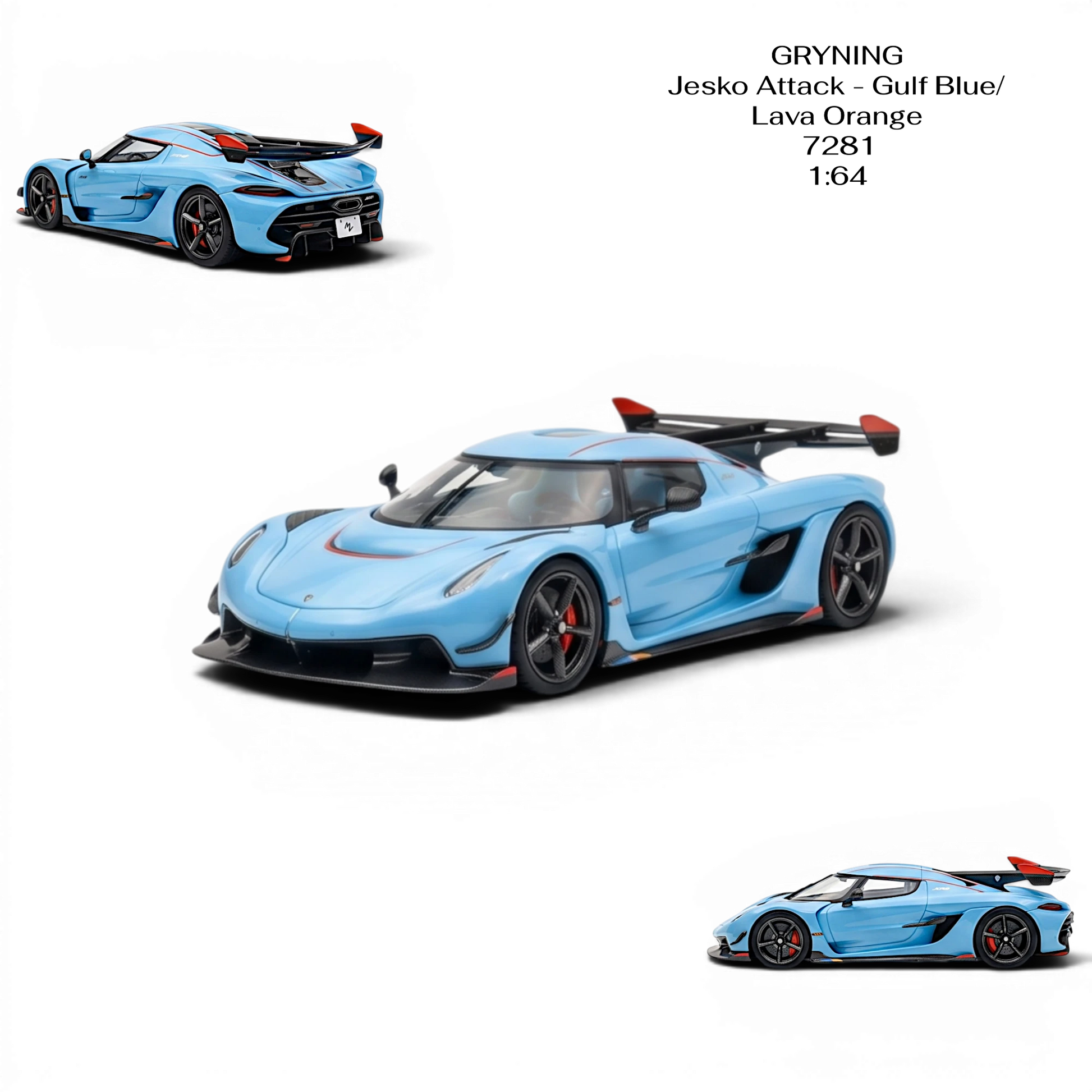 Lot57Supplies Diecast Shop GRYNING Jesko Attack 1:64 scale model in Gulf Blue and Lava Orange resin with black accents and red wingtips.