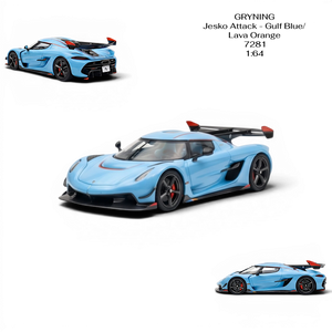 Lot57Supplies Diecast Shop GRYNING Jesko Attack 1:64 scale model in Gulf Blue and Lava Orange resin with black accents and red wingtips.
