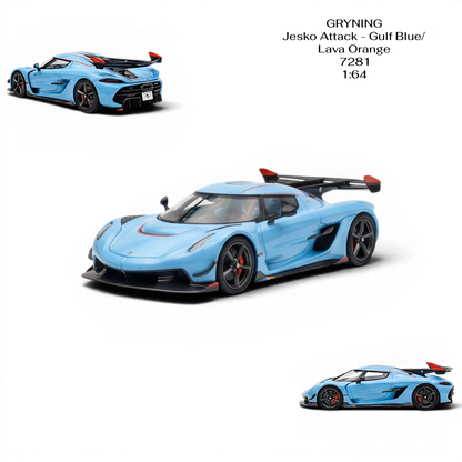 Lot57Supplies Diecast Shop GRYNING Jesko Attack 1:64 scale model in Gulf Blue and Lava Orange resin with black accents and red wingtips.