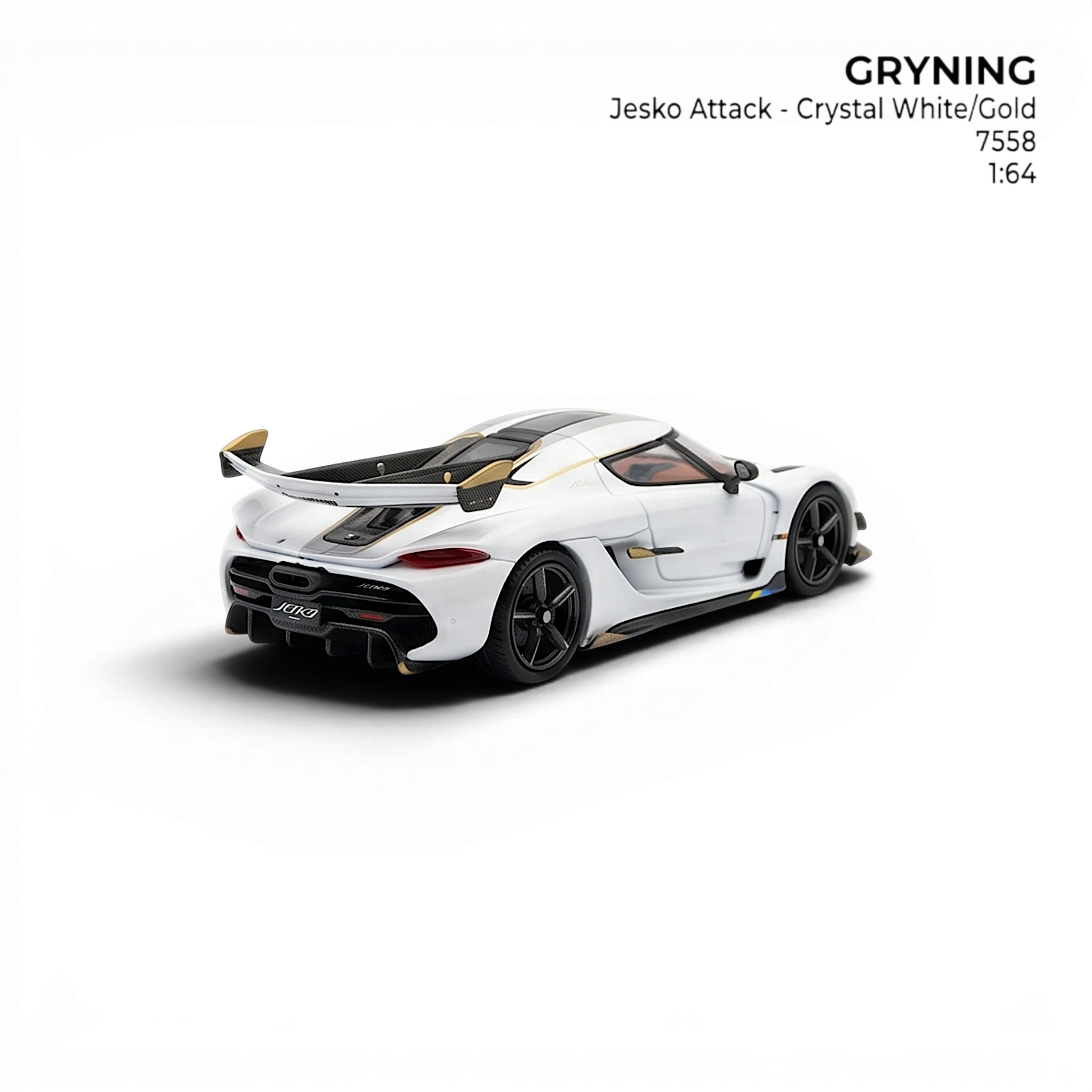 Lot57Supplies Diecast Shop GRYNING Jesko Attack 1:64 scale model car in crystal white with gold accents and black spoiler.