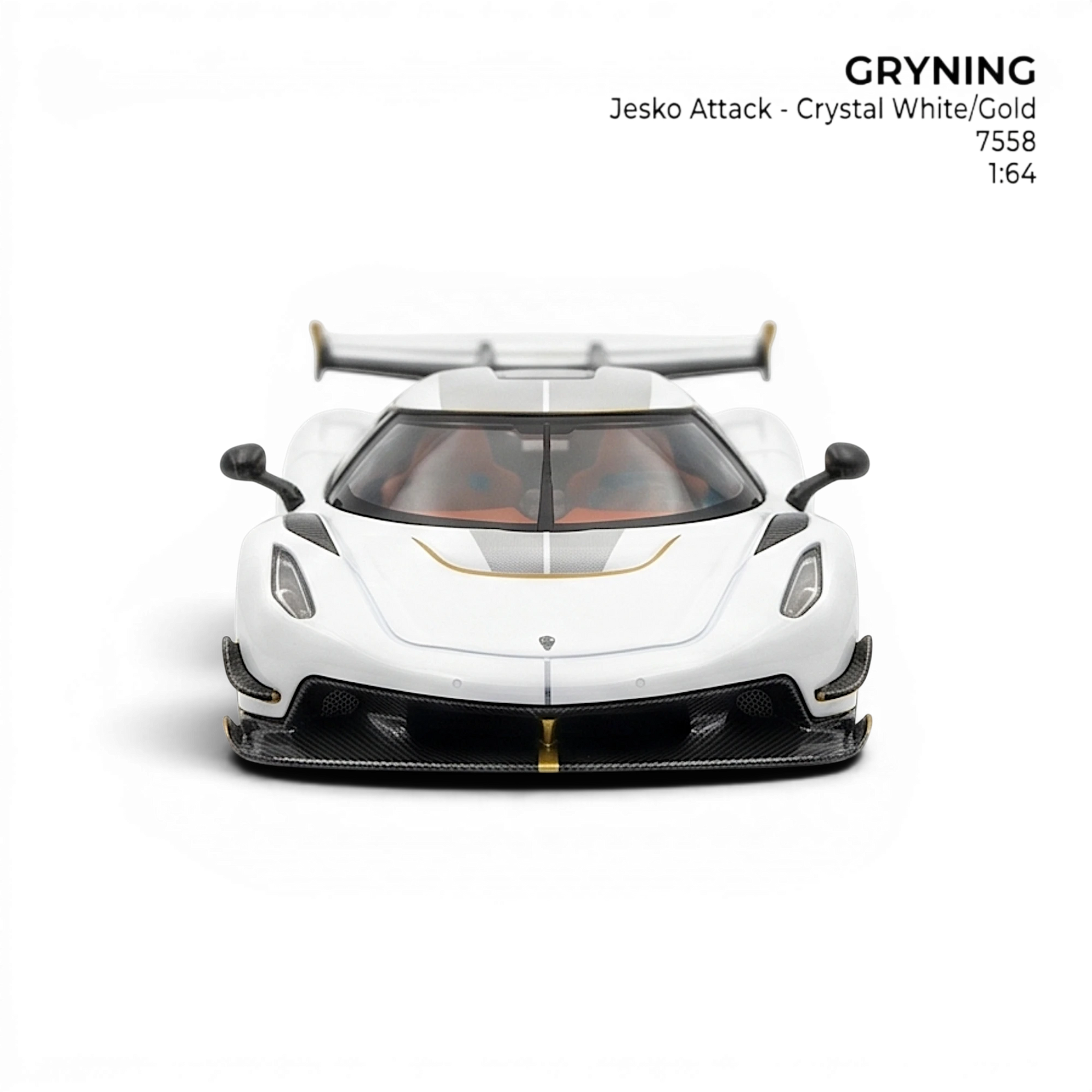 GRYNING Jesko Attack 1:64 scale resin model car in crystal white with gold accents and carbon fiber details.
