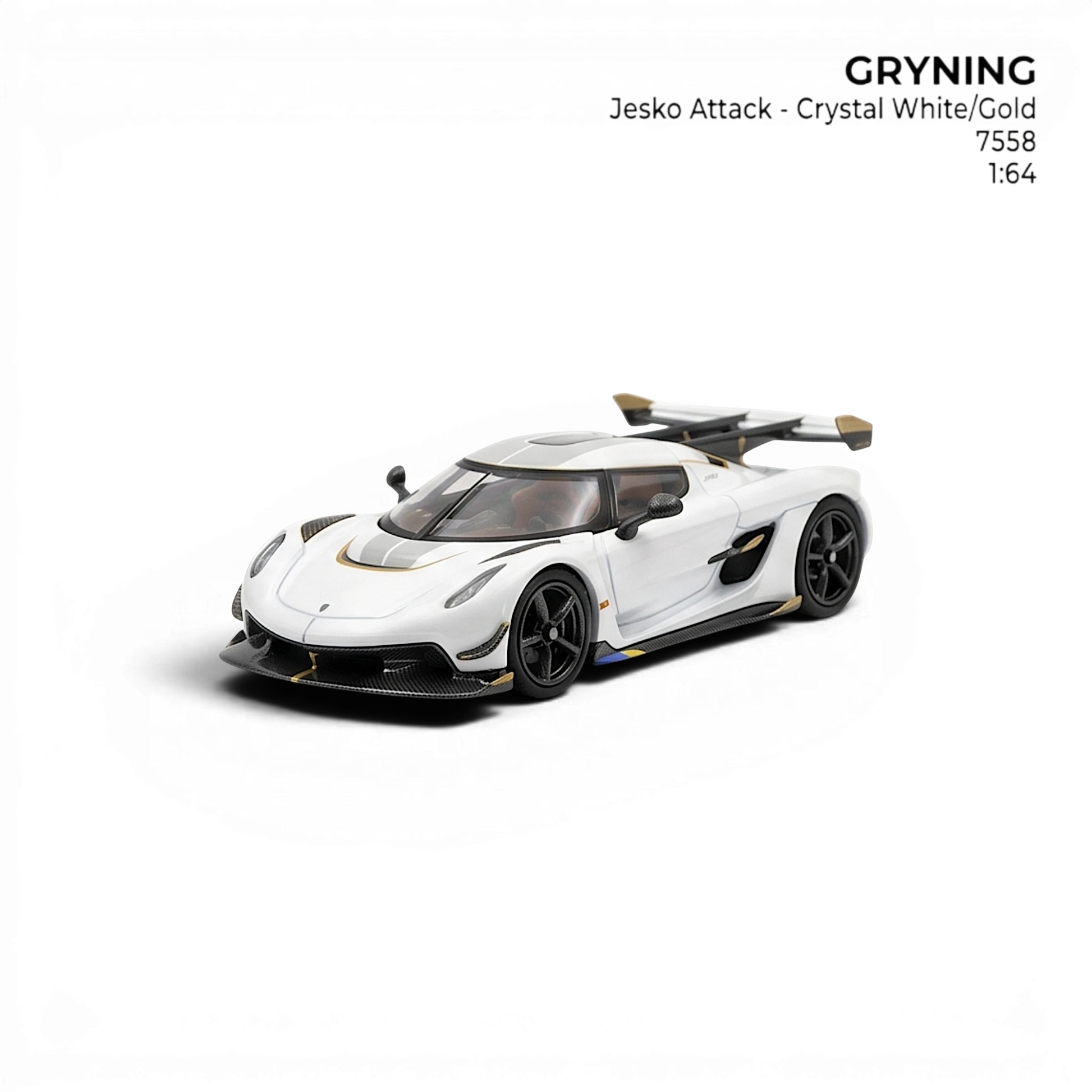 GRYNING Jesko Attack 1:64 scale resin model car in crystal white with gold accents and a large rear wing.