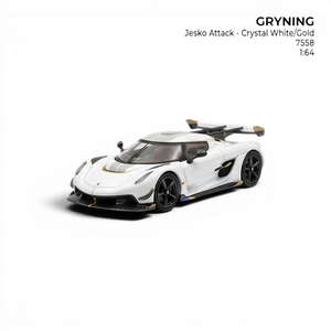 GRYNING Jesko Attack 1:64 scale resin model car in crystal white with gold accents and a large rear wing.