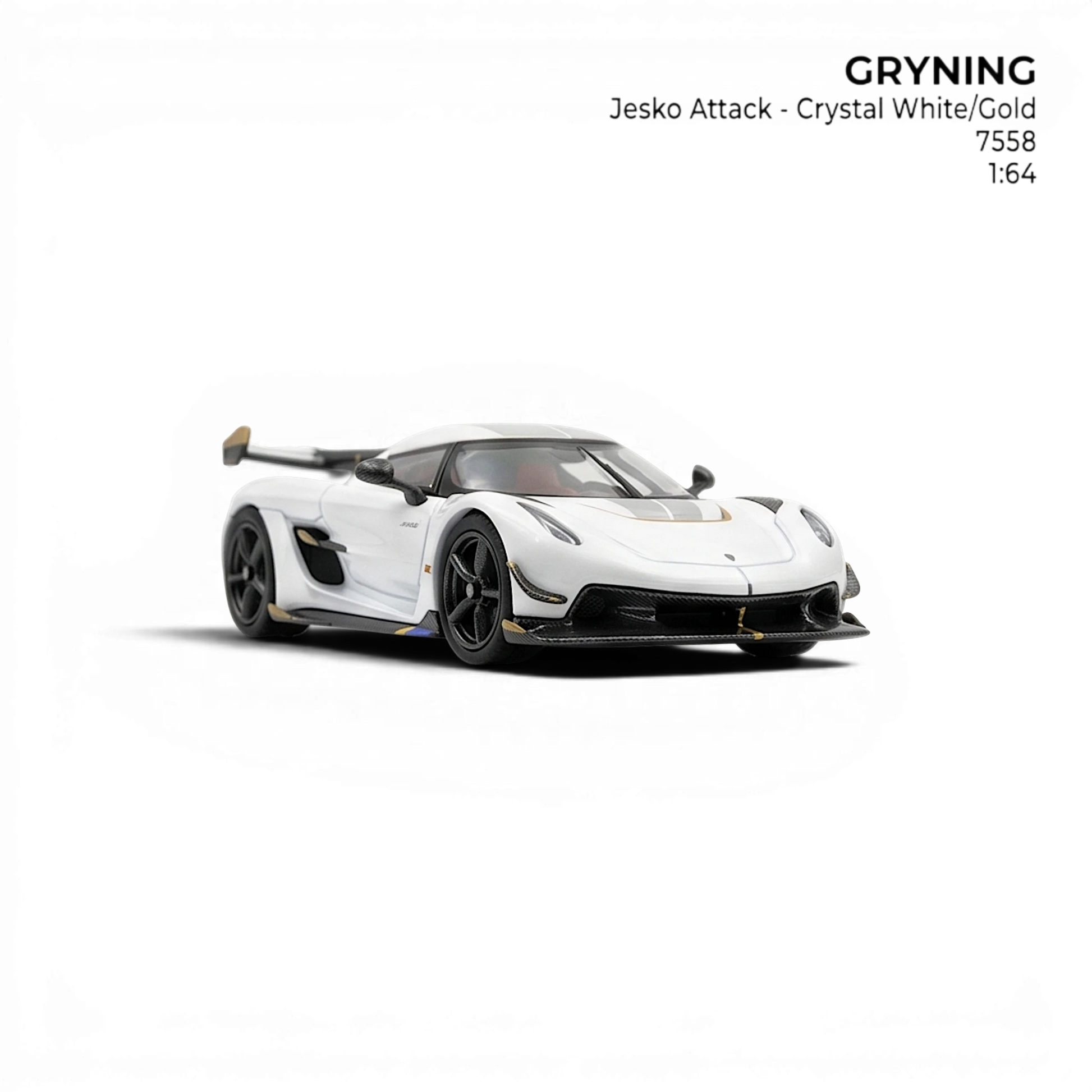 GRYNING Jesko Attack 1:64 scale resin model car in crystal white with gold accents and black wheels.