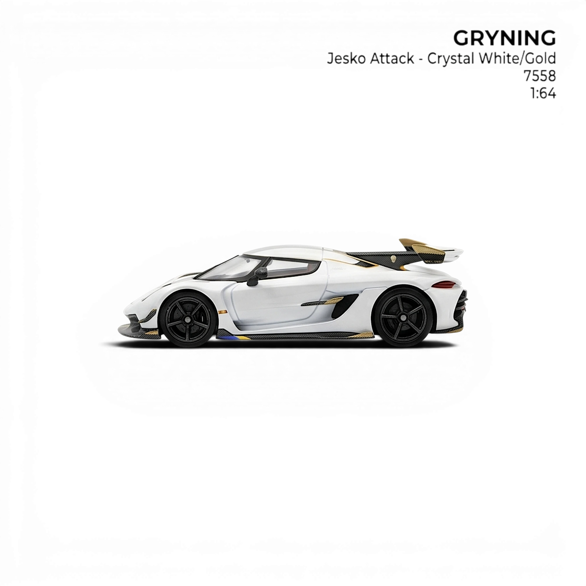 Lot57Supplies Diecast Shop GRYNING Jesko Attack 1:64 scale resin model car in crystal white with gold accents and a large rear wing.