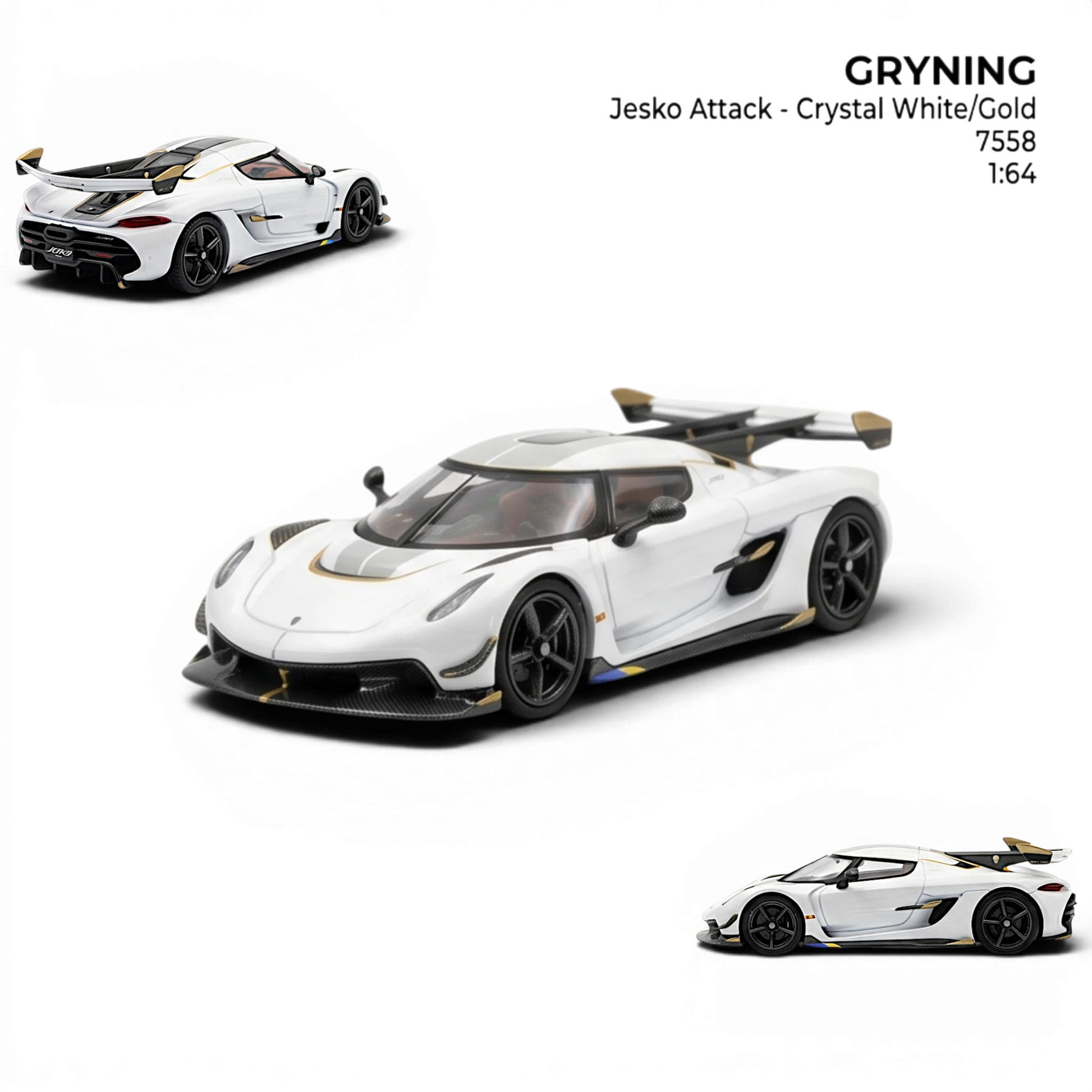 GRYNING Jesko Attack 1:64 scale resin model car in crystal white with gold accents and carbon fiber details.