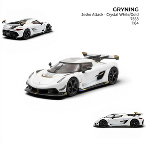 GRYNING Jesko Attack 1:64 scale resin model car in crystal white with gold accents and carbon fiber details.