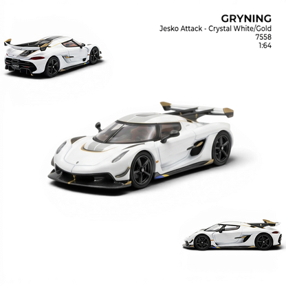 GRYNING Jesko Attack 1:64 scale resin model car in crystal white with gold accents and carbon fiber details.