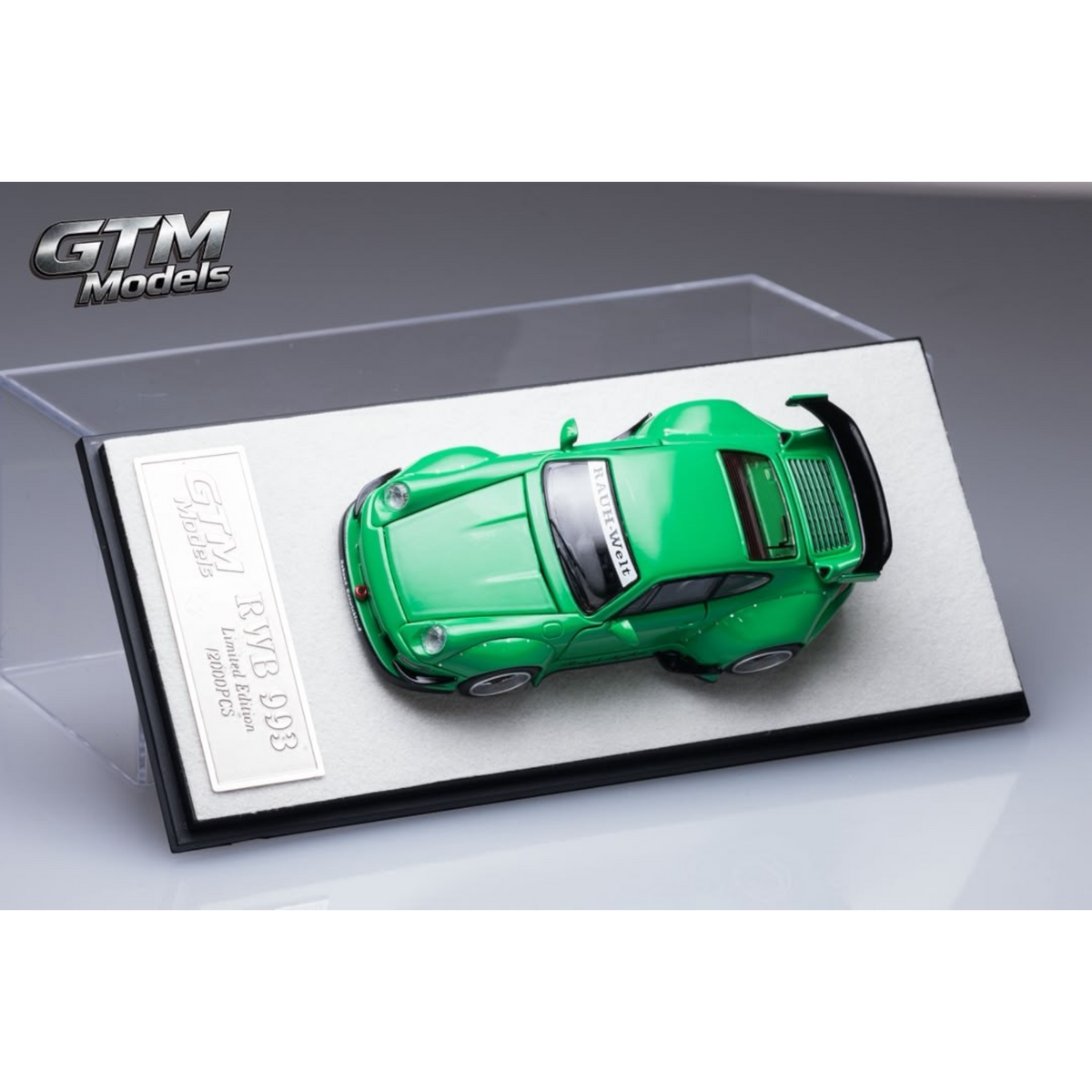 Lot57Supplies Diecast Shop GTM RWB 993 green diecast model car in 1:64 scale with display case
