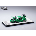 Lot57Supplies Diecast Shop GTM RWB993 green diecast model car in 1:64 scale with opening doors, hood, and engine cover.