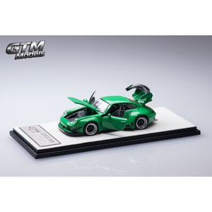 Lot57Supplies Diecast Shop GTM RWB993 green diecast model car in 1:64 scale with opening doors, hood, and engine cover.
