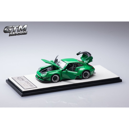 Lot57Supplies Diecast Shop GTM RWB993 green diecast model car in 1:64 scale with opening doors, hood, and engine cover.