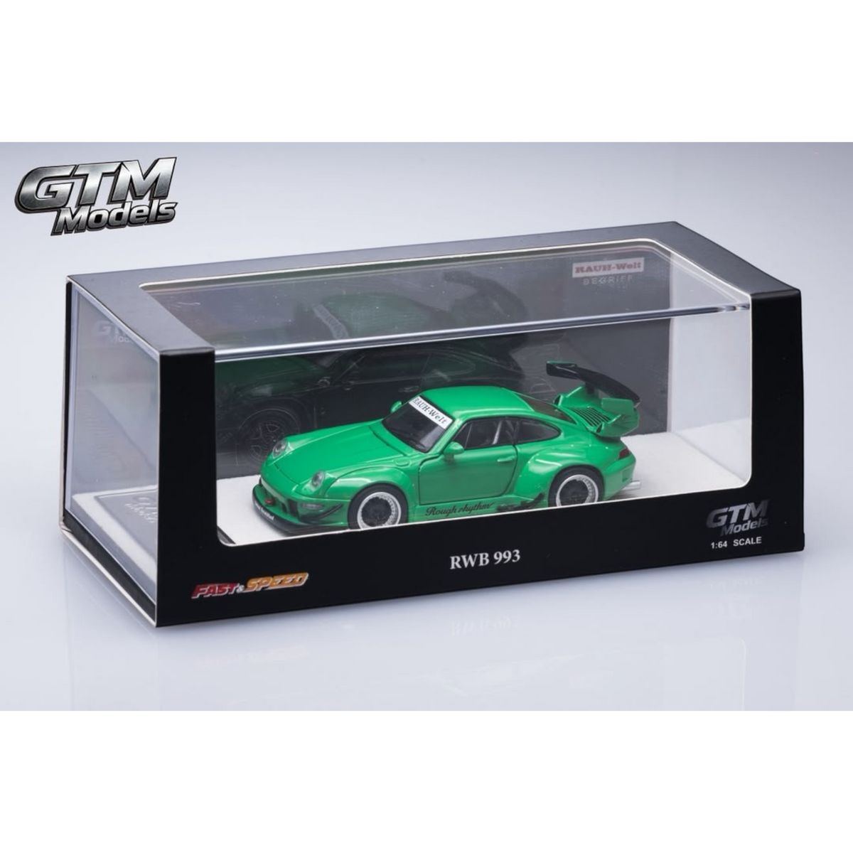 Lot57Supplies Diecast Shop GTM RWB993 green diecast model car in 1:64 scale with full opening features in display box