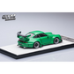 Lot57Supplies Diecast Shop GTM 1:64 scale RWB993 green diecast model car with rear wing on display base