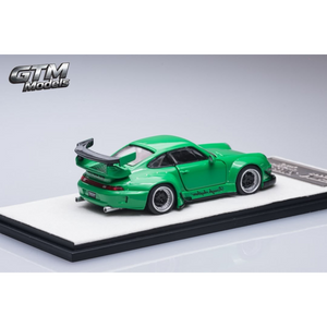 Lot57Supplies Diecast Shop GTM 1:64 scale RWB993 green diecast model car with rear wing on display base