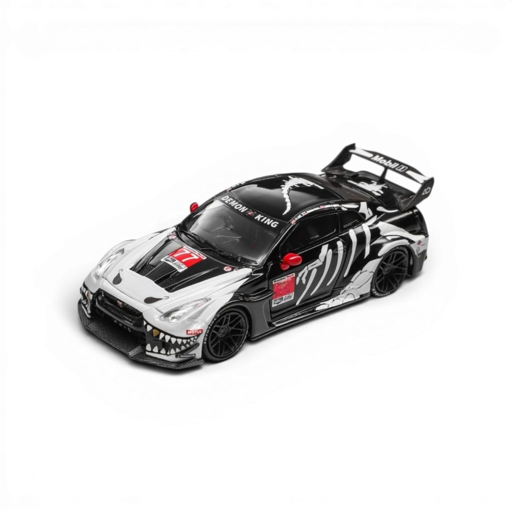 Lot57Supplies Diecast Shop 1:64 scale resin Nissan GTR35 RR model with Bone Dragon livery, featuring shark teeth detail and openable hood.