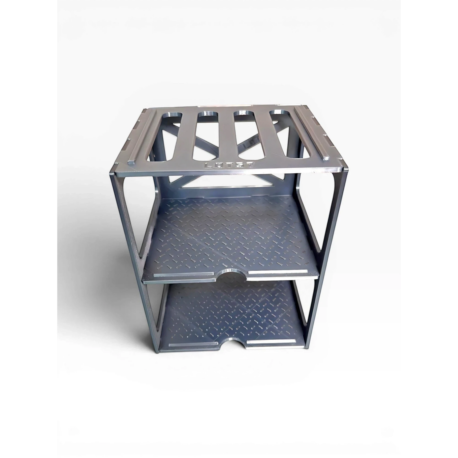 Lot57Supplies Diecast Shop gunmetal grey modular pit rack with diamond-plate shelves for 1:64 scale display cases.