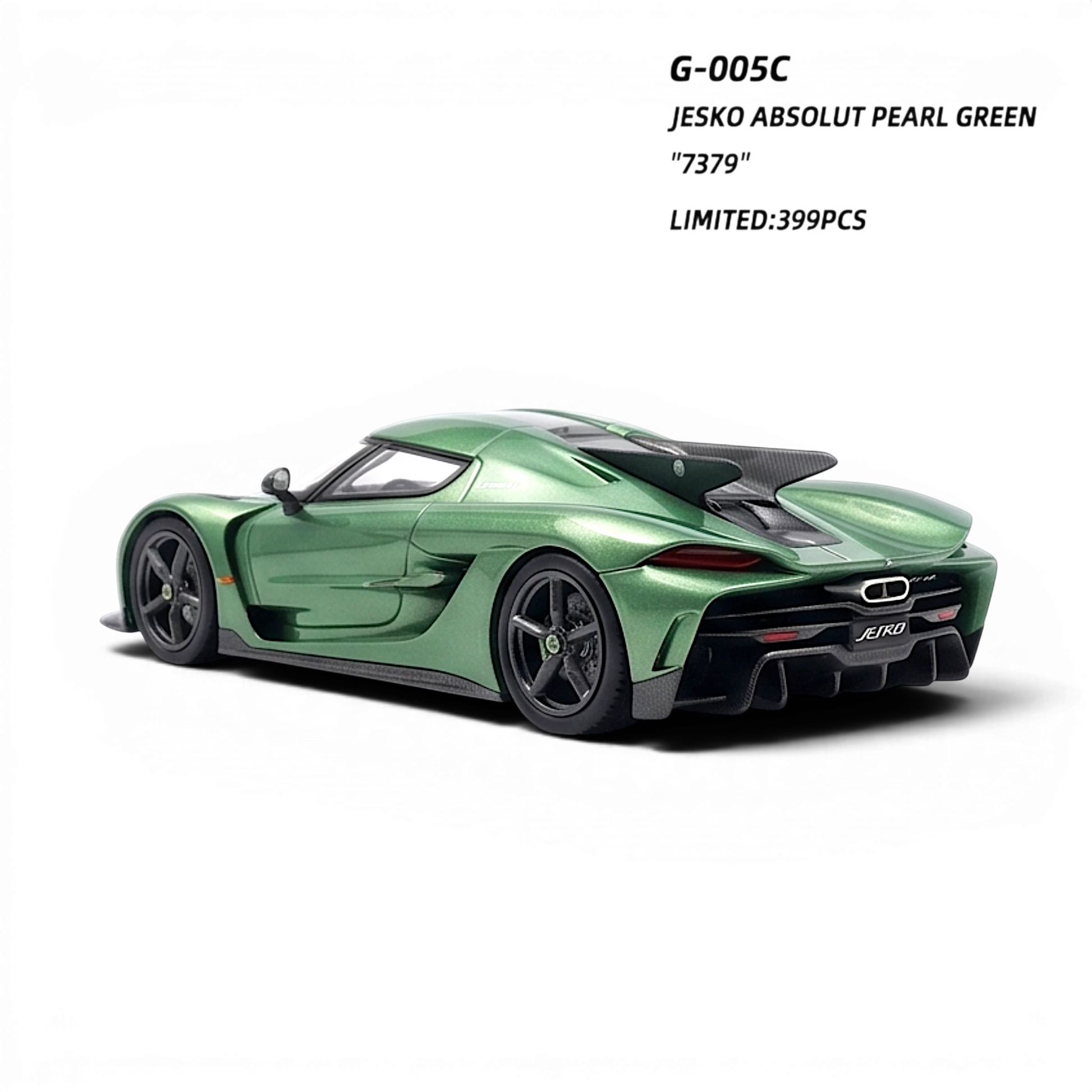 Lot57Supplies Diecast Shop GUO Jesko Absolut 1:64 scale model in pearl green resin with detailed rear wing and carbon fiber accents.