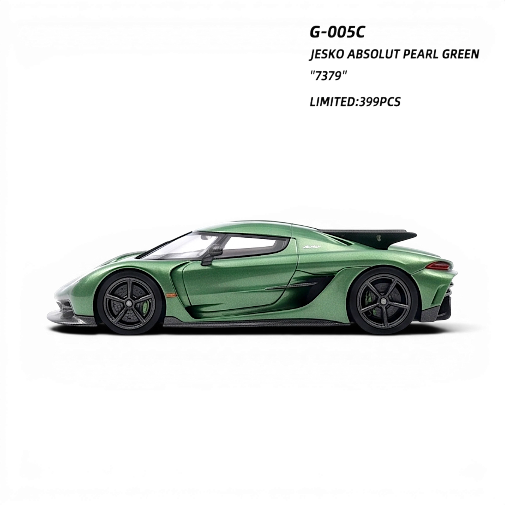 Lot57Supplies Diecast Shop GUO Jesko Absolut 1:64 scale model in pearl green resin with black wheels and a large rear wing.