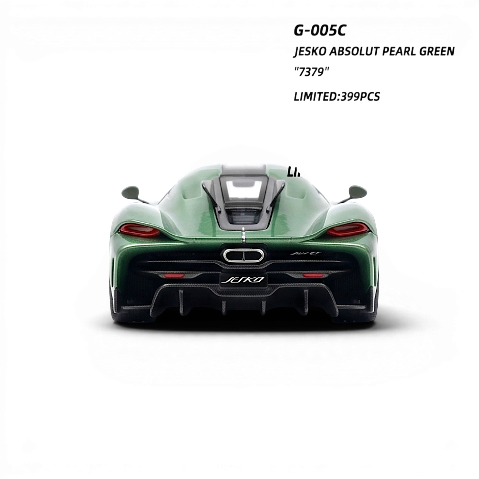 Lot57Supplies Diecast Shop GUO Jesko Absolut 1:64 scale resin model in pearl green with detailed rear diffuser and exhaust.
