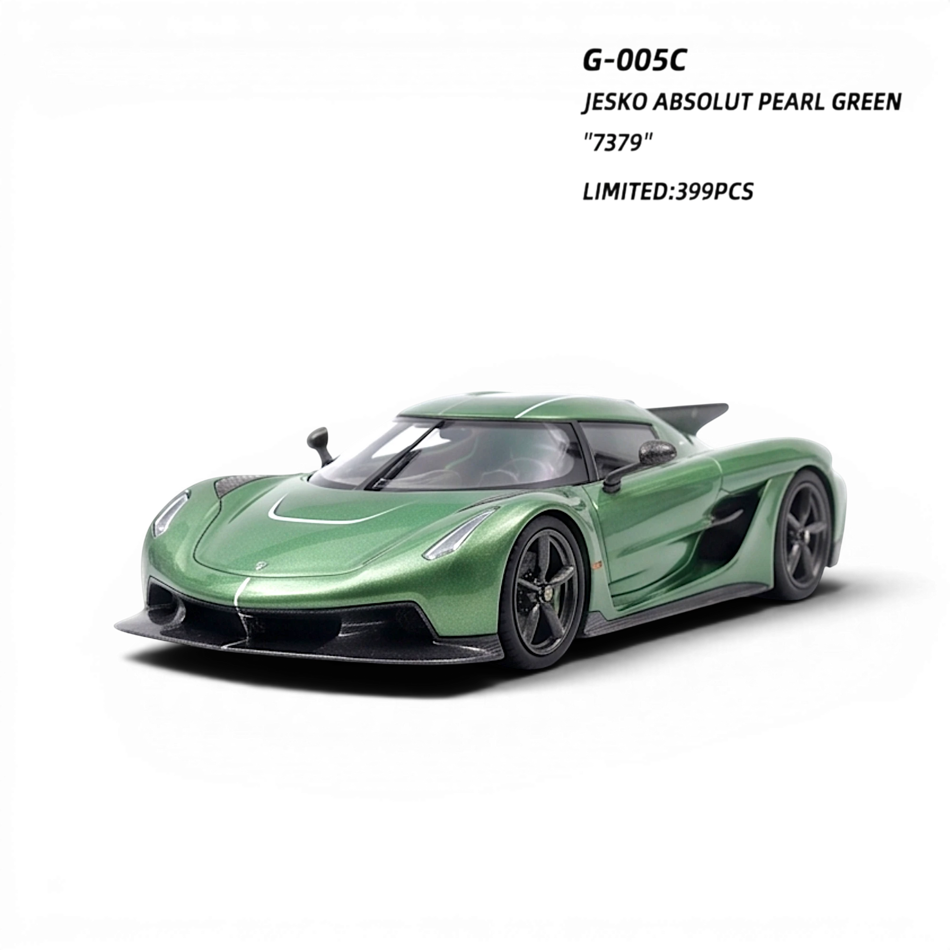 Lot57Supplies Diecast Shop GUO Jesko Absolut 1:64 scale resin model car in pearl green with black wheels and accents.