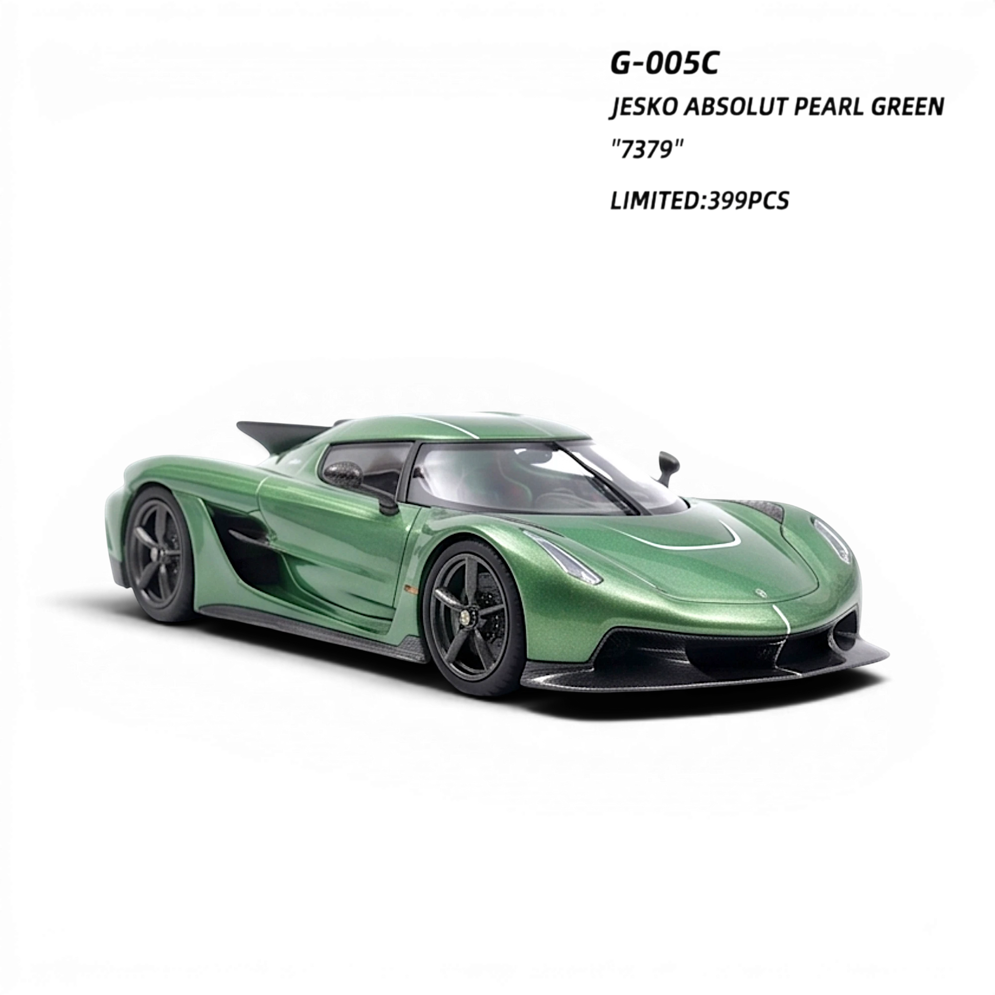 Lot57Supplies Diecast Shop GUO Jesko Absolut 1:64 scale resin model car in pearl green with white racing stripes.