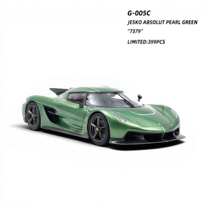 Lot57Supplies Diecast Shop GUO Jesko Absolut 1:64 scale resin model car in pearl green with white racing stripes.