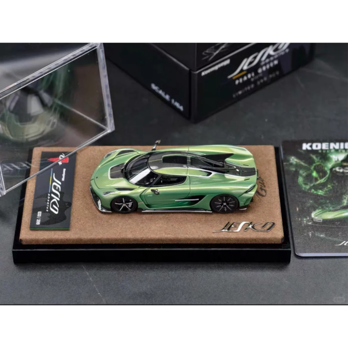 Lot57Supplies Diecast Shop GUO Jesko Absolut 1:64 scale resin model car in pearl green on a display base