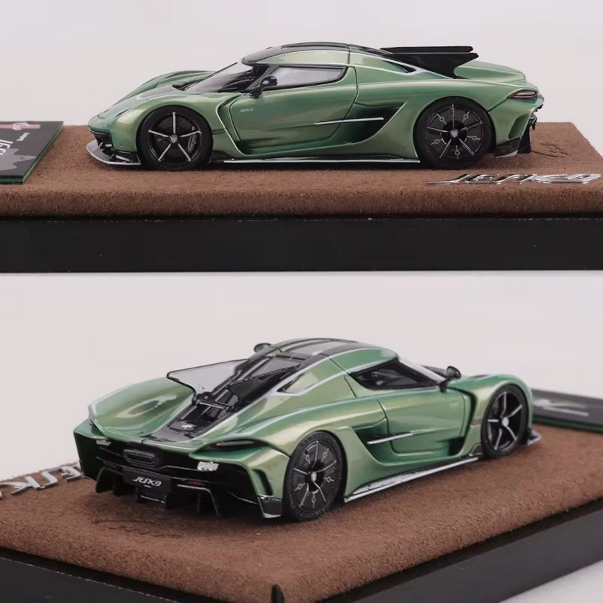 Lot57Supplies Diecast Shop GUO Jesko Absolut 1:64 scale resin model car in pearl green on a brown display base.