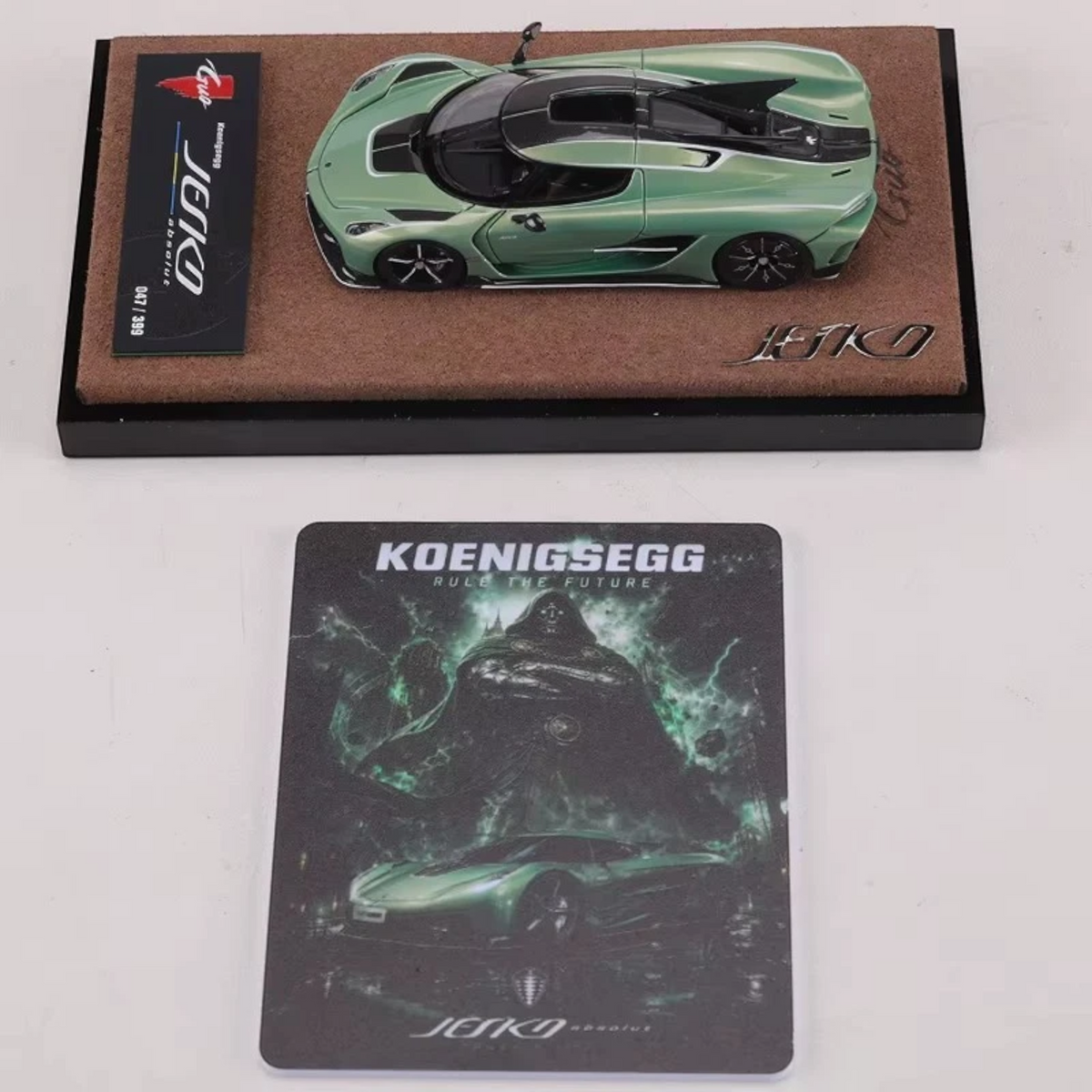 Lot57Supplies Diecast Shop GUO Jesko Absolut 1:64 scale resin model car in pearl green with display base and card