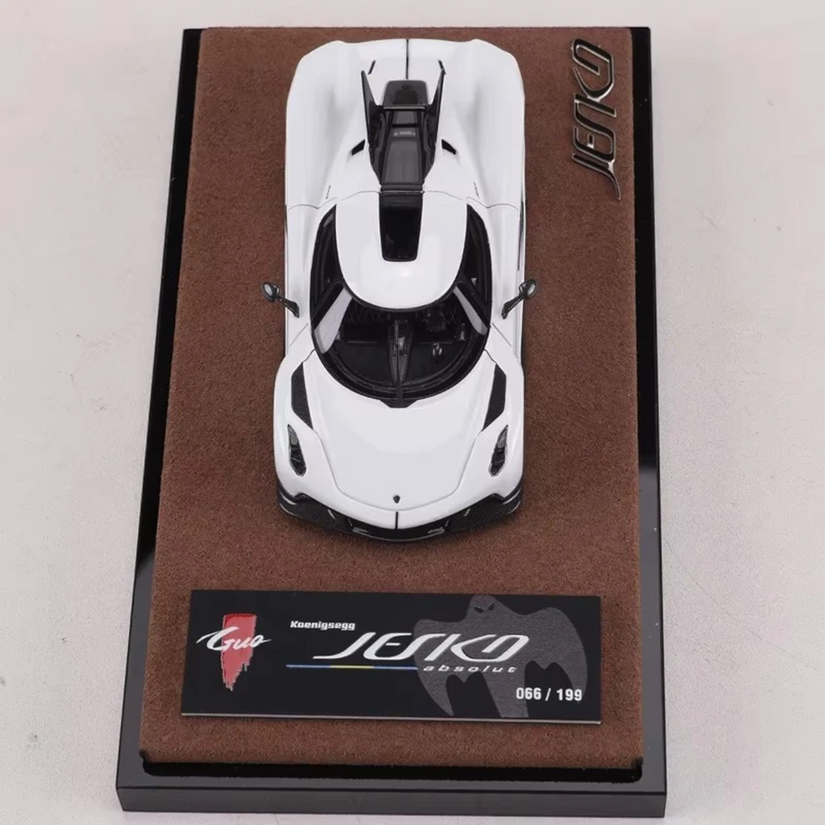 Lot57Supplies Diecast Shop GUO Jesko Absolut 1:64 scale resin model car in white Prototype 7259 on a display base