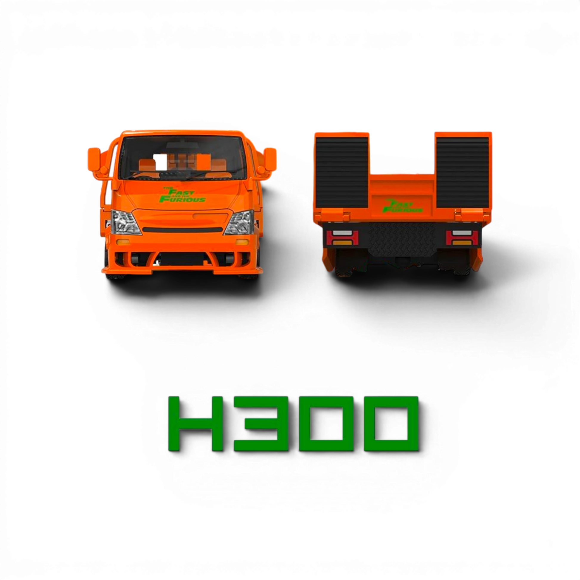 Lot57Supplies Diecast Shop SC H300 1:64 scale diecast flatbed transport trailer in orange Fast & Furious livery.