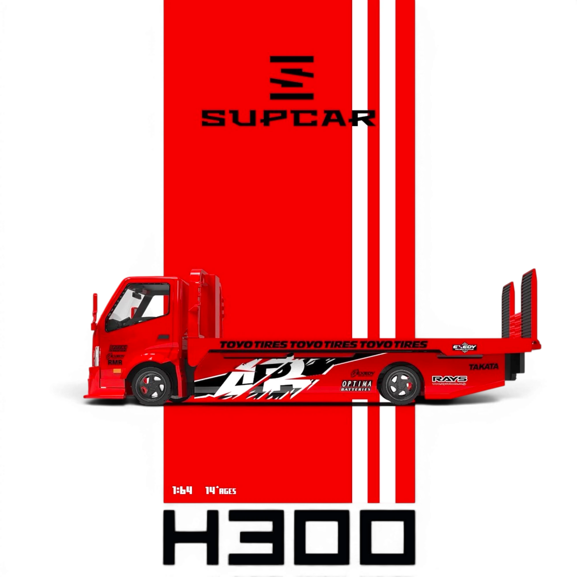Lot57Supplies Diecast Shop 1:64 scale SC H300 flatbed transport trailer in red Tokyo Drift livery with racing decals.