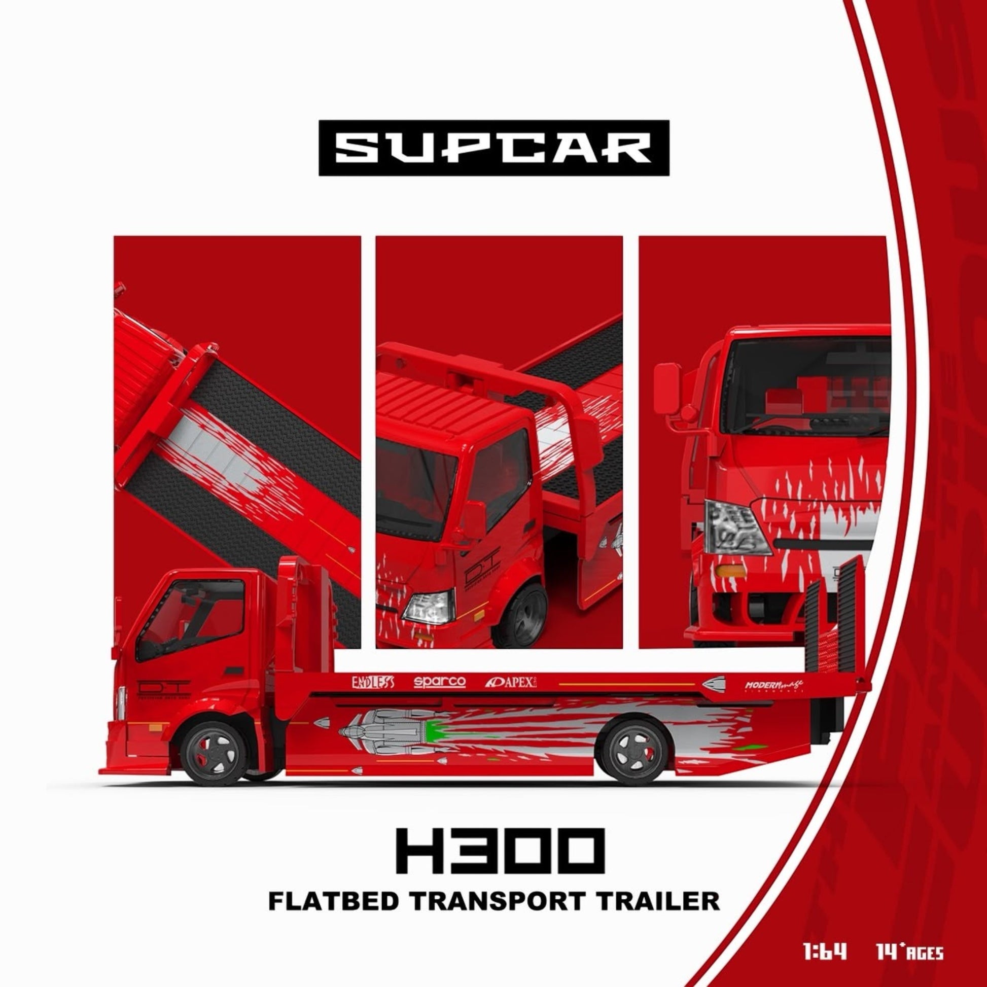 Lot57Supplies Diecast Shop 1:64 scale SC H300 flatbed transport trailer in red with Fast & Furious Gladiator livery.