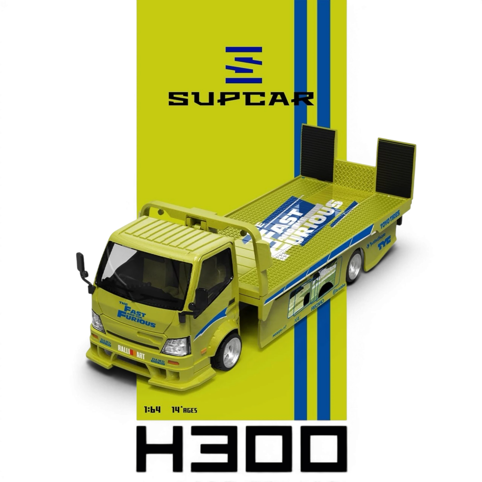 Lot57Supplies Diecast Shop SC H300 Fast and Furious lime yellow diecast flatbed transport trailer in 1:64 scale