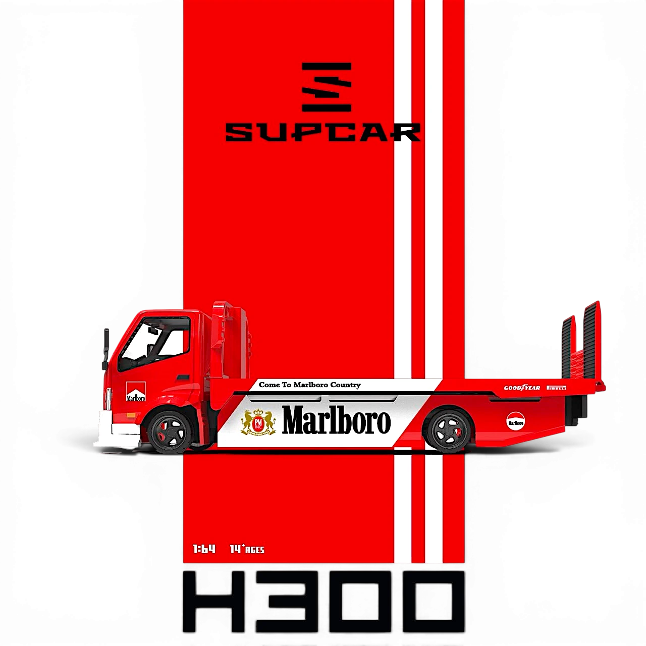 Lot57Supplies Diecast Shop 1:64 scale SC H300 flatbed transport trailer in red Marlboro livery diecast model