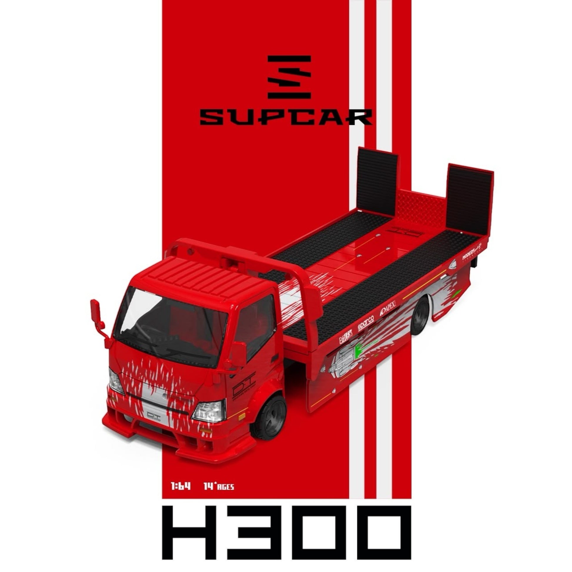 Lot57Supplies Diecast Shop 1:64 scale SC H300 flatbed transport trailer in red Gladiator livery with racing decals