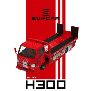 Lot57Supplies Diecast Shop 1:64 scale SC H300 flatbed transport trailer in red Gladiator livery with racing decals