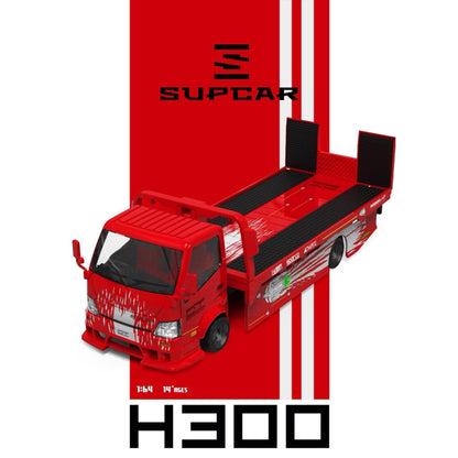 Lot57Supplies Diecast Shop 1:64 scale SC H300 flatbed transport trailer in red Gladiator livery with racing decals