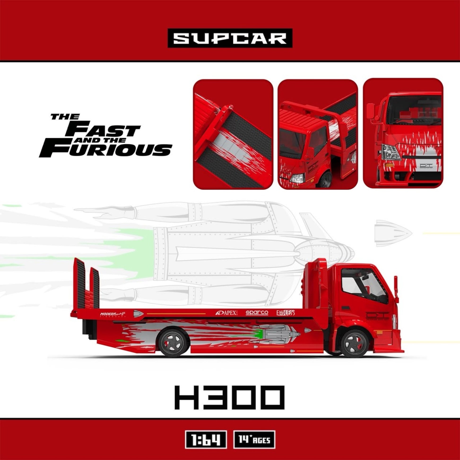 Lot57Supplies Diecast Shop 1:64 scale SC H300 flatbed transport trailer in red Fast and Furious Gladiator livery