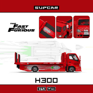 Lot57Supplies Diecast Shop 1:64 scale SC H300 flatbed transport trailer in red Fast and Furious Gladiator livery
