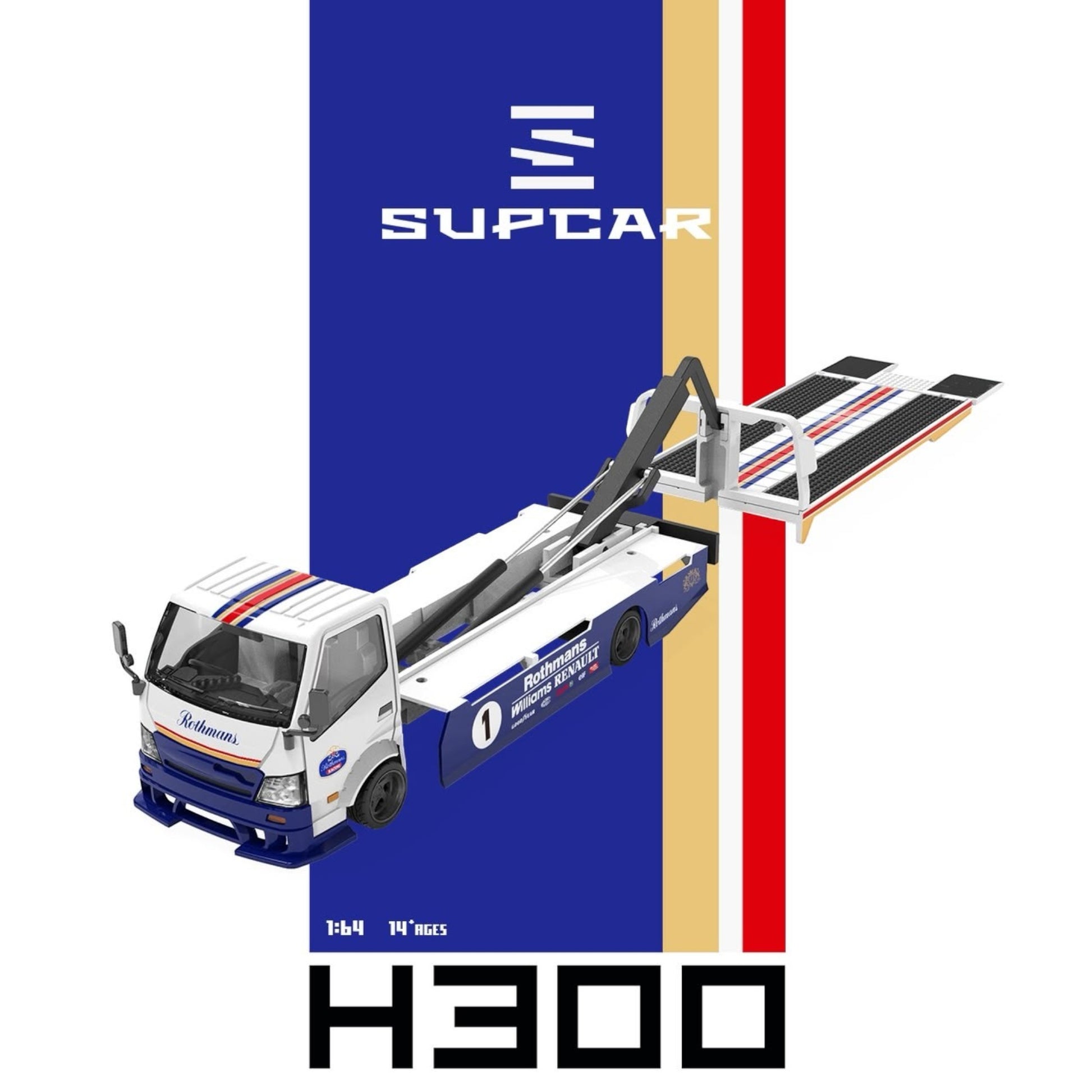 Lot57Supplies Diecast Shop 1:64 scale SC H300 flatbed transport trailer in white and blue Rothmans racing livery