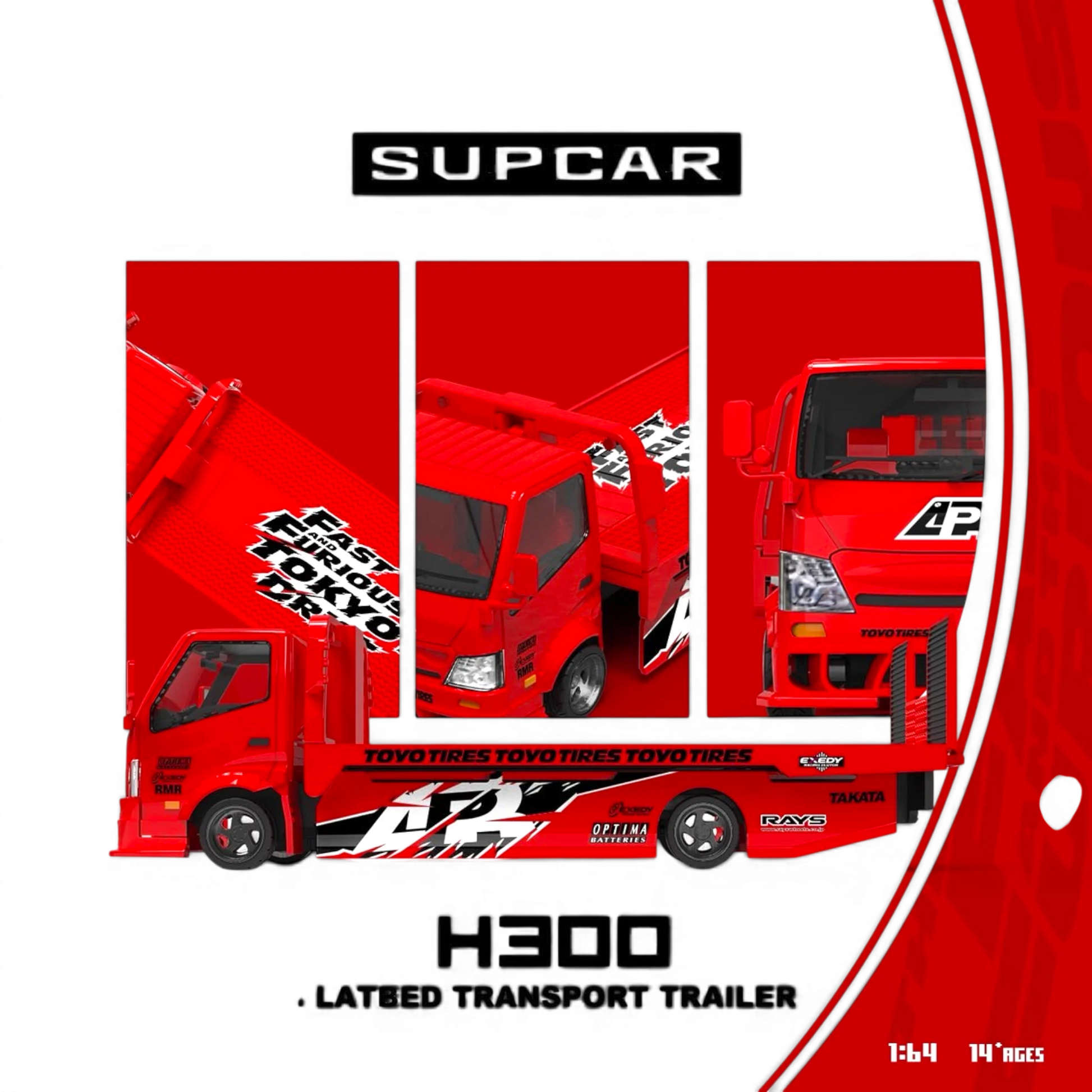 Lot57Supplies Diecast Shop 1:64 scale SC H300 flatbed transport trailer in red Tokyo Drift livery with racing decals