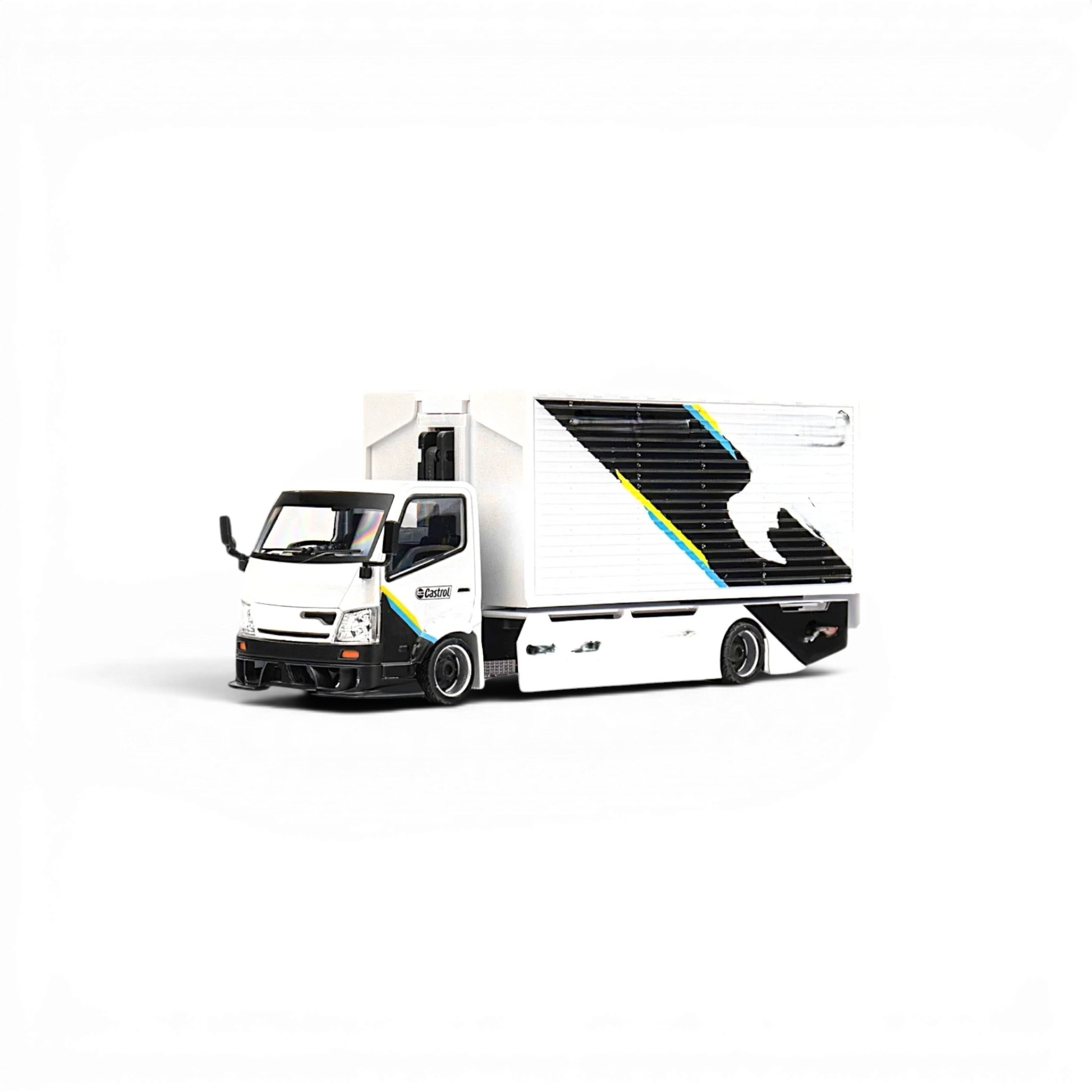 Lot57Supplies Diecast Shop MicroTurbo HINO 300 1:64 scale white custom box truck with black livery and wide body kit