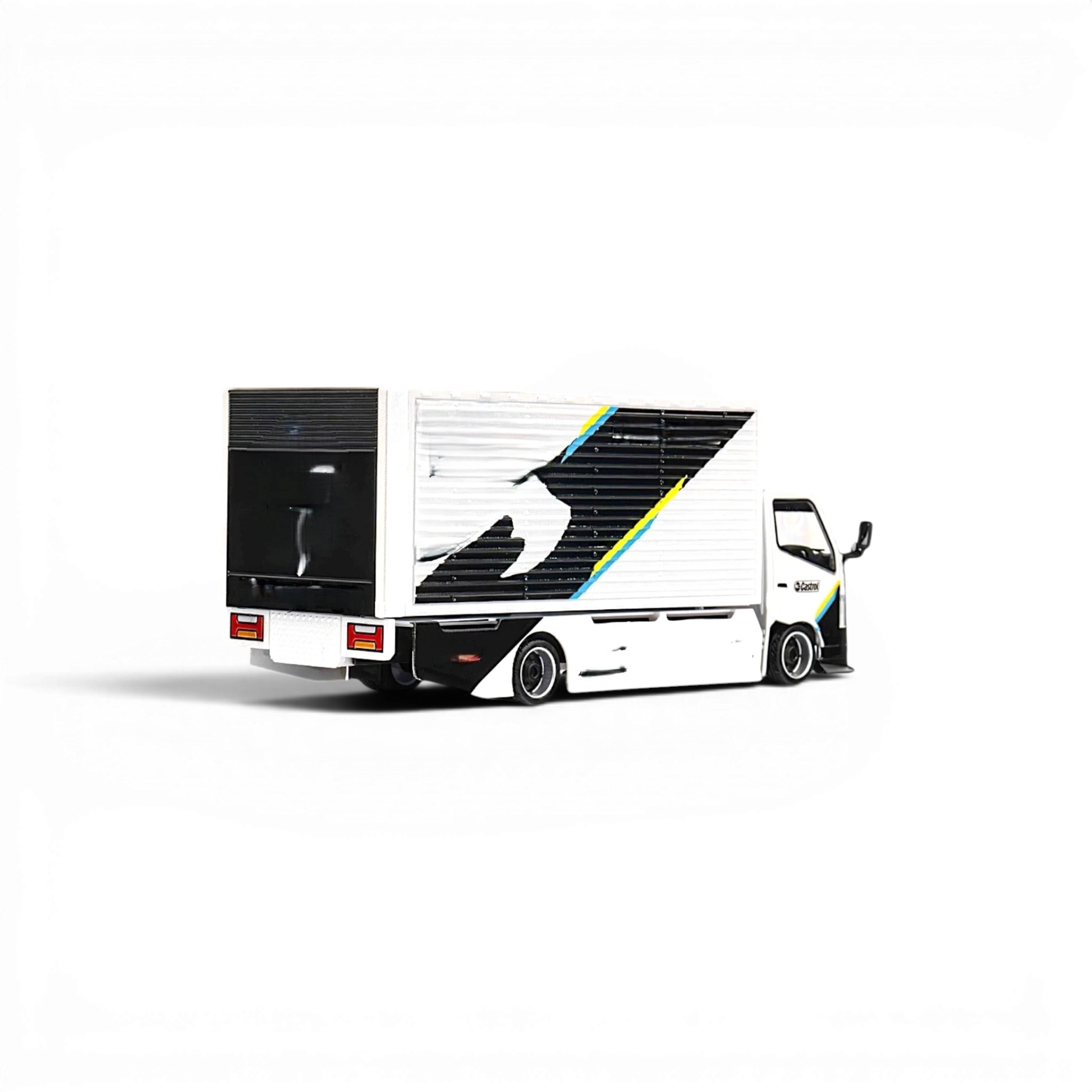 Lot57Supplies Diecast Shop MicroTurbo HINO 300 1:64 scale custom box truck in white and black with wide body kit.