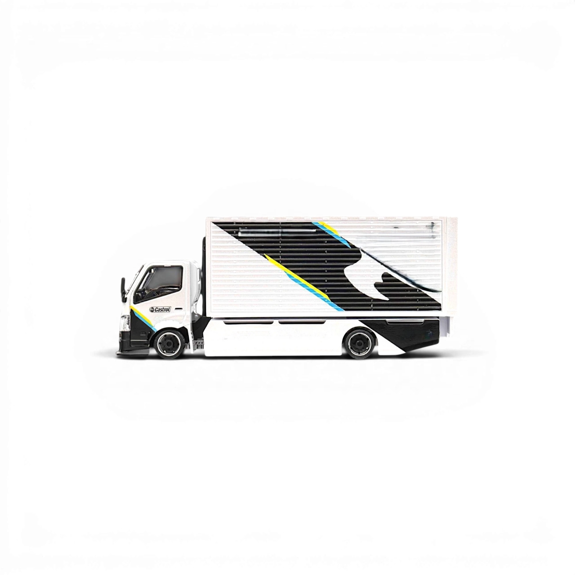 Lot57Supplies Diecast Shop MicroTurbo HINO 300 1:64 scale diecast box truck in white with black livery and wide body kit.